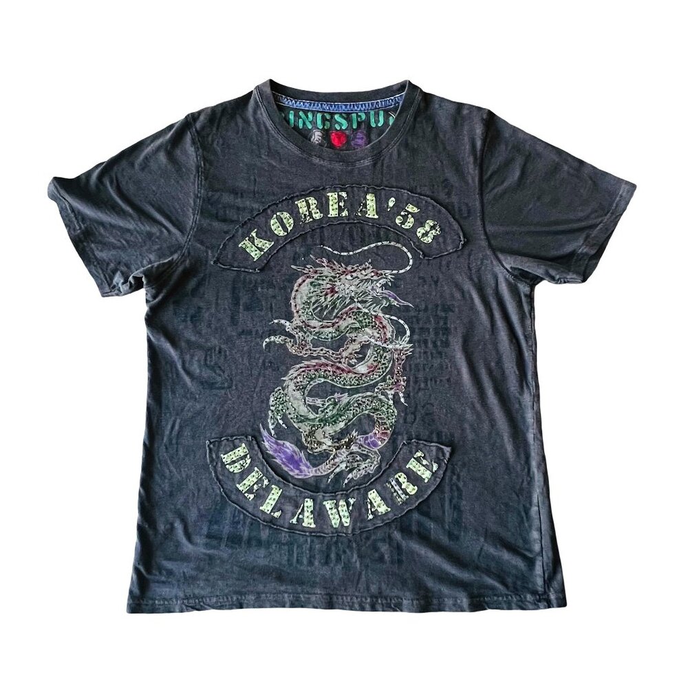 VTG Y2K Ringspun Embellished Charcoal Grey Korean Dragon T-Shirt